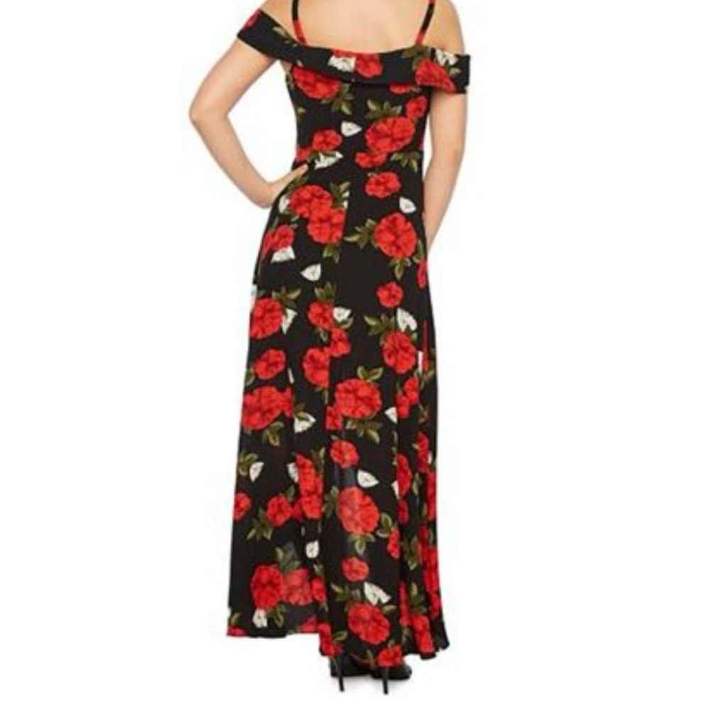 Moody Bright Red Floral Maxi High-Low Hem Off the Shoulder Dress size 4 - Picture 2 of 6